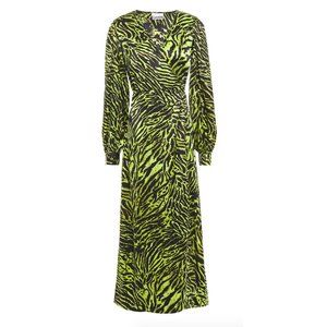 Ganni Green Leopard Silk Stretch Wrap Dress
